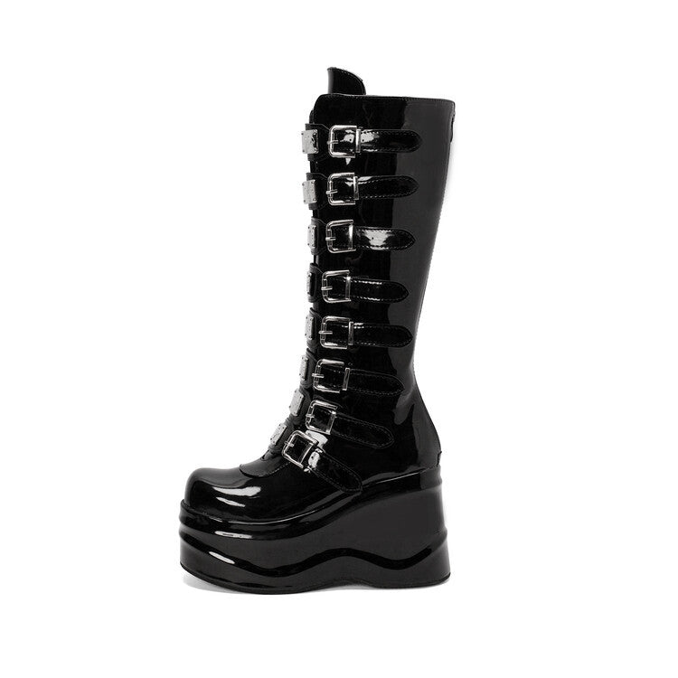 Women's Round-Toe Chunky Heel Back-Zip Ultra High Heel Boots | Black PU & Patent Leather
