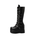 Women's Round-Toe Chunky Heel Back-Zip Ultra High Heel Boots | Black PU & Patent Leather